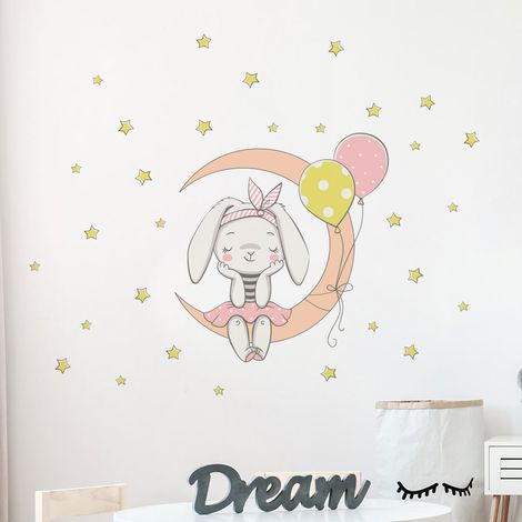 Stickers muraux adhésifs autocollant - ENFANT LAPIN ASSIS SUR LA LUNE ET 30 ÉTOILES - 105x100cm (1/5)
