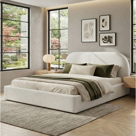 lit adulte 180 x 200 cm en tissu beige avec tête de lit rembourrée et sommier inclus – dimensions disponibles sur demande (1/5)