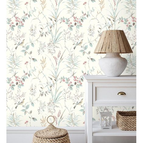 Papier peint branches fleurs et oiseaux style romantique pour mur salon chambre couloir salle à mange tête de lit hall d'entrée escalier - Rouleaux de 10 m x 0,53 m (1/5)