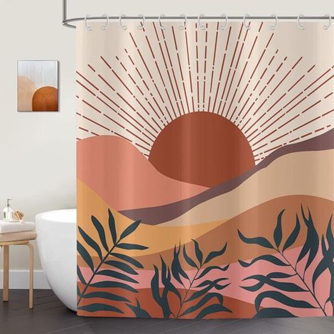Boho Style Shower Curtain 180x200 cm, Modern Abstract Art Sunset Leaves Beige Washable Fabric Waterproof Shower Curtain for Bathtub with 12 Hooks (1/5)