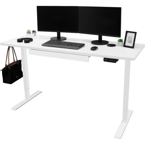 Scrivania Elettrica Regolabile 160 x 60cm Bianca Ergonomica Altezza Regolabile con Cassetto Integrato USB-A & USB-C Ricarica Fori Passacavi & Vassoio Gancio per Borsa Timer Pannello Smart con Memoria