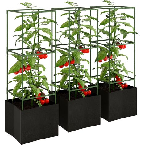 Lot de 3 cages à tomates carrées avec sacs de culture de 51,2 L, treillis pour fleurs, légumes, plantes grimpantes, vert (1/5)