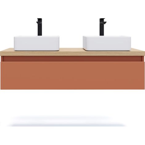 Meuble de salle de bain suspendu 2 vasques à poser 120cm 1 tiroir Terracotta - Hudson (1/5)