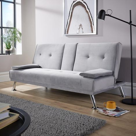 Double Sofa Bed Folding Chair Armrests Grey Crushed Velvet Metal Legs Couch (1/5)