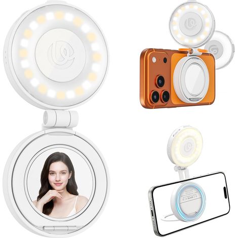 LM23 Lampe selfie magnétique compatible MagSafe, anneau lumineux selfie 360° amélioré pour iPhone, lumière beauté LED avec miroir pour selfies, appels vidéo, conférences et photographie (Blanc) (1/5)