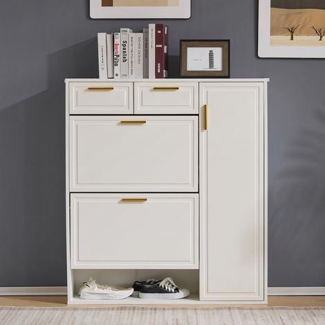 Meuble de chaussures moderne, doté de étagères réglables, d’accrochages en or, de tiroirs, ainsi que de portes. Couleur blanche : dimensions B95/D24/H107,5. (1/5)