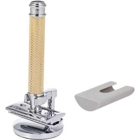 Klassischer, doppelseitiger, verstellbarer goldener Sicherheitsrasierer für Herren mit Schutzkappe für Schneidkopf und Griff. (1/5)