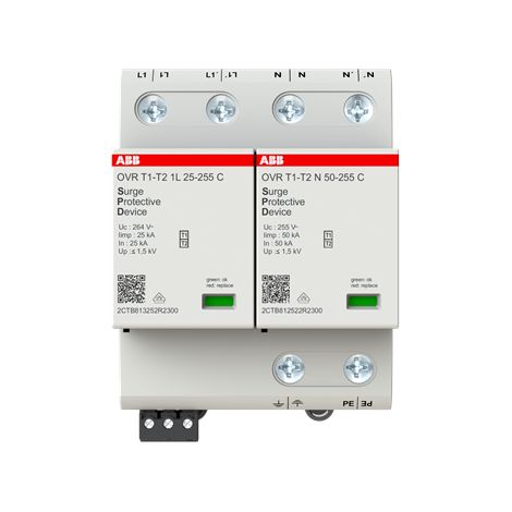 Parafoudre débrochable OVR T1-T2 Iimp. 25KA- 1P+N- 230V Uc 255V TNS/TT-av.TS 2CTB812511R2300 ABB B611461