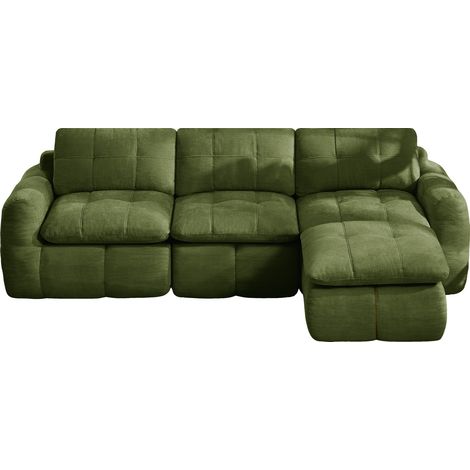 Divano modulare a L 3 posti senza telaio in chenille verde con 1 pouf, 264 x 160 x 68 cm (1/5)