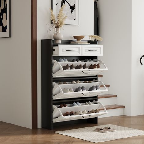 Meuble à chaussures 80x23.5x131cm - Avec trois grands abattants - Avec 2 tiroirs - Noir + blanc (1/5)