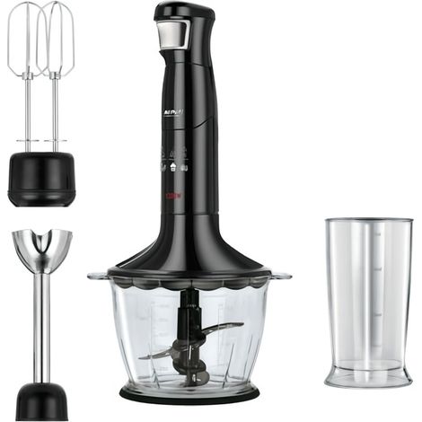 MPM MBL-29/C Set Mixeur Plongeant Hachoir Multi-usages, Fouet, Vitesse Ajust acier inoxydable 1200W Noir