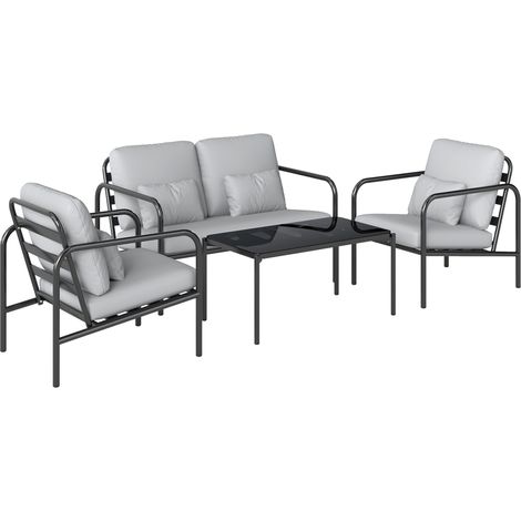 Set 4 Pezzi Salotto da Giardino con Divano 2 Posti 2 Poltrone e Tavolino in Acciaio Grigio Chiaro (1/5)
