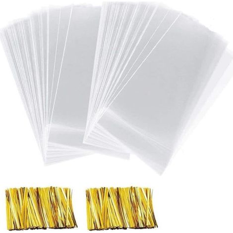 200 bolsas de celofán transparente, de 10x15 cm, con bandas metálicas.