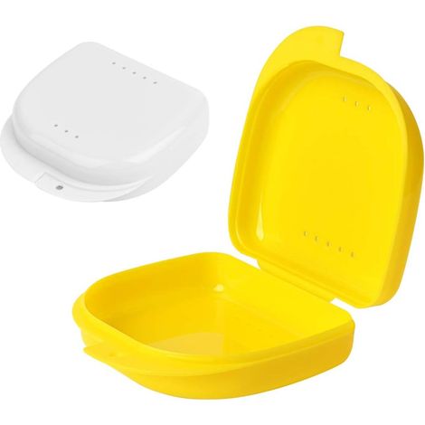 Boîte De Rétention - Pour Prothèses Dentaires Et Protecteurs Buccaux - PP Résistant - Étanche Avec Fermeture À Clip - 2 Pièces (Blanc + Jaune) - 8,5 x 8 x 2,7 cm (1/4)