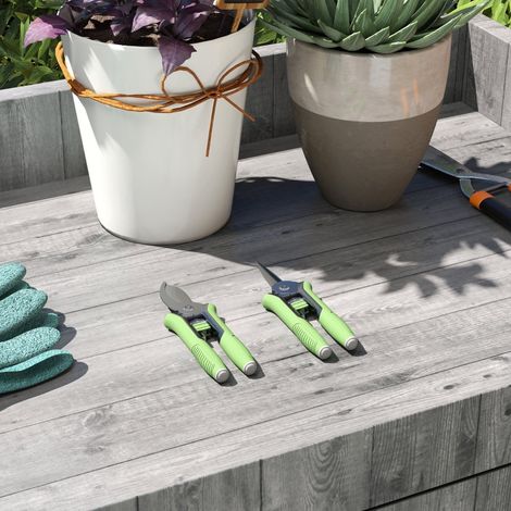 Kit jardinier 2 pièces, outils acier inoxydable : sécateur et ébrancheur, couleur vert+argent, lot cadeau jardin pour homme et femme (1/4)