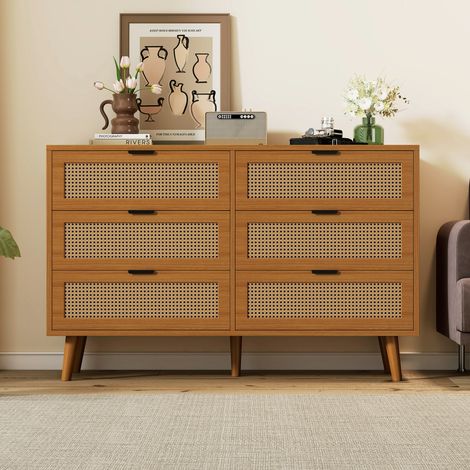 Commode avec 6 tiroirs – Buffet en bois avec poignées métalliques, grand espace de rangement pour chambre, salon et bureau, dimensions : L120 × H76,5 × P40 cm