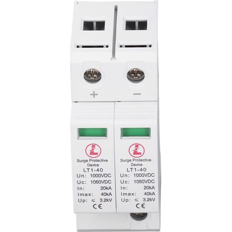 Protector contra sobretensiones fotovoltaico modular ignífugo de 2 polos, 1000 V CC, con riel guía de 35 mm para edificios residenciales y de oficinas, A