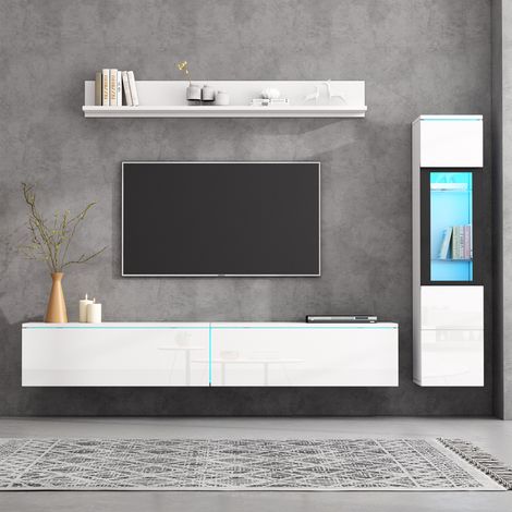 Meuble TV Éclairage LED Brillant Ensemble 3 pièces,Meuble de salon 1 x meuble TV,1 x vitrine de salon,1 x étagère suspendue (1/5)