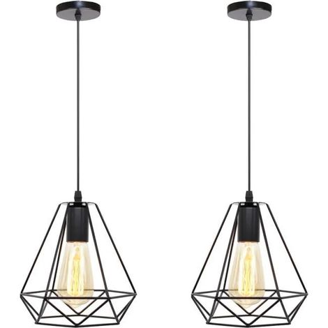 2PCS Rétro Lustre Suspension Industrielle en Cage Diamant Lampe Plafonnier en Métal Vintage pour Salon Chambre Cuisine (1/4)