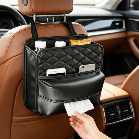 Sac de Rangement Suspendu en Cuir Pour Voiture Organiseur de siège arrière de voiture Poubelle de Voiture Organisateur Voiture Corbeille Portable pour siège passager organiseur de cabine (1/5)
