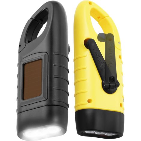 Lampe Torche LED Solaire et Manivelle, 2 Pièces Rechargeable Dynamo Lampe Urgence Extérieur, Noir et Jaune (1/5)
