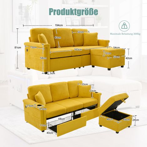 Canapé jaune moutarde en velours premium avec éclairage LED intégré, port USB-C, coffre de rangement, porte-gobelets et poches latérales – idéal pour salon, chambre ou bureau.