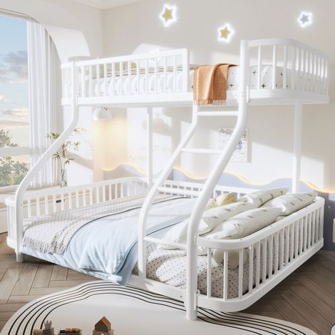 Lit Superposé Enfant 90x200 + 140x200 cm avec Garde-Corps Sécurité et Échelle - Cadre en Métal et Certifié EN747 - Blanc