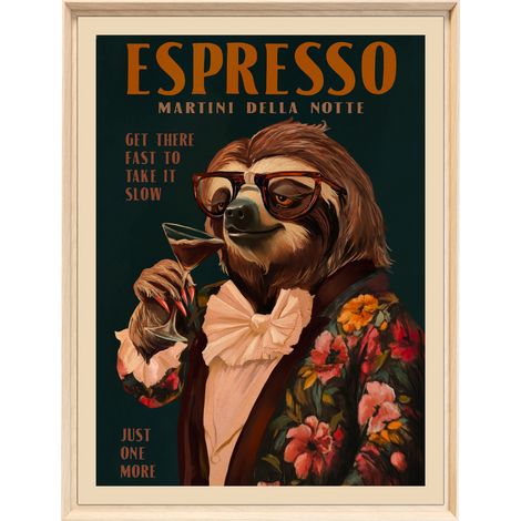 Tableau mural encadré paresseux espresso vintage 60x80 cm - Tableau Mural Décoratif - Image Encadrée Imprimée en HD - Impression 60x80 cm sur Fibres de Bois FSC - Finition Mate - Fabriqué en France (1/5)