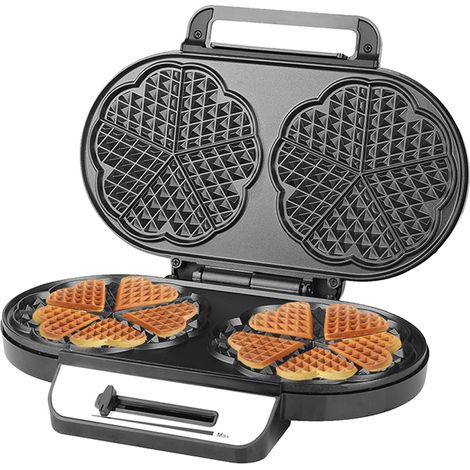 Gofrera doble de 1200 W, con dos placas en forma de corazón, control de temperatura continuo, revestimiento antiadherente y carcasa de acero inoxidable negro. (1/5)