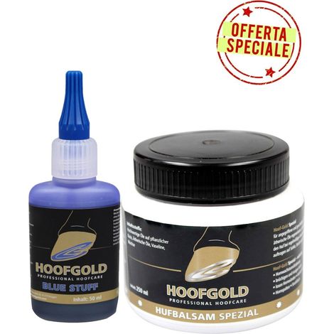 OFFERTA set cura zoccoli con problemi linea bianca e fettone: Blue stuff igienizzante 50 ml più Balsamo zoccoli special 250 ml