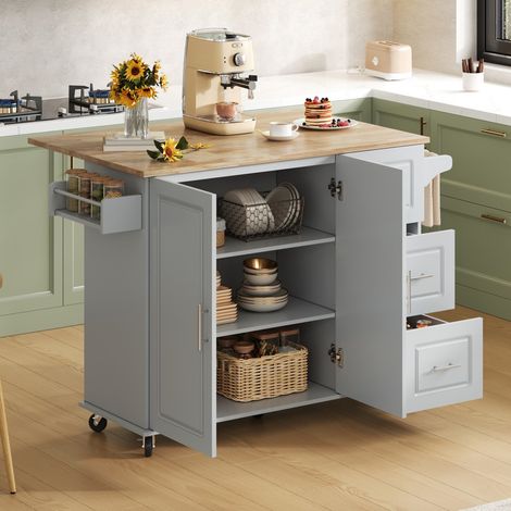 Mobile Kücheninsel – 137 x 43/ 76x92 cm – MDF und Massiveiche – Klappbare Arbeitsplatte, 3 Schubladen und 5 Rollen – Grau und Naturholz