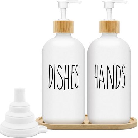 Matte White Soap Dispenser Set 500ml Glass Soap Dispenser with Tray Dishwashing Liquid Dispenser Soap Dispenser for Kitchen and Shower (White x 2) (1/5)