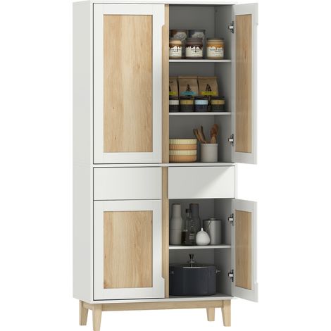 Homcom – Buffet haut cuisine 4 portes 2 tiroirs – Étages réglables MDF et panneau de particules – 80x35x170cm blanc chêne