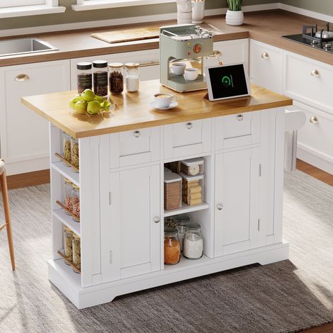 Mueble de cocina móvil 132 cm plegable blanco y natural DESVIAE (1/5)