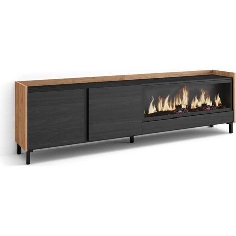 Mueble TV Mollina-01 de 212x61x35 cm con chimenea eléctrica XXL, diseño industrial, color negro y roble (1/4)