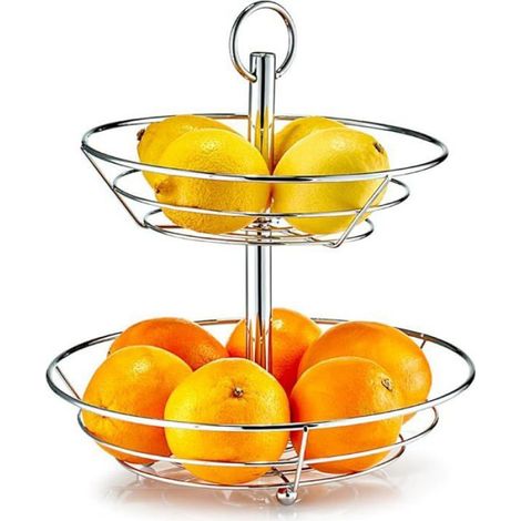 Plateau À Fruits - 2 Niveaux - Métal Chromé - 26 x 26 x 29 cm - Pour Cuisine Et Salon - 1 Pièce (1/2)