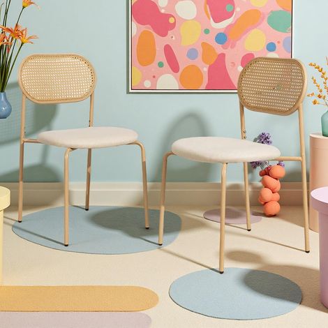 Lot de 2 Chaises en Rotin et Tissu – Dossier en Rotin Tressé Confortables, pour Cuisine ou Salle à Manger – Beige (1/5)