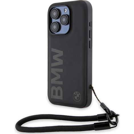 BMW BMHCP15X23RMRLK iPhone 15 Pro Max 6.7" negro/negro funda rígida de cuero Signature con logotipo y cordón (1/5)
