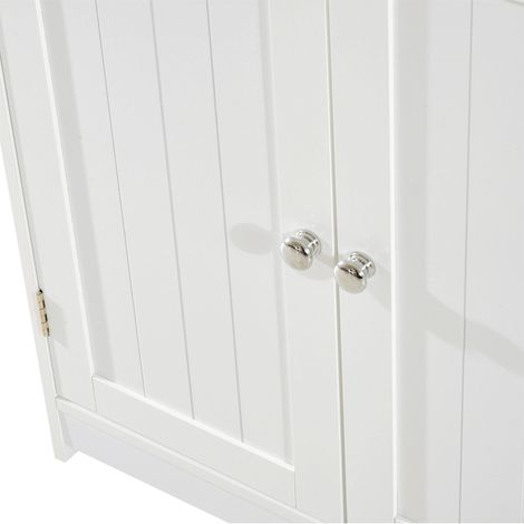 Meuble de salle de bain 60x30x60 cm blanc, avec 2 portes, étagère ajustable et découpe en U, gain de place, compatible lavabo avec ou sans colonne. (1/5)