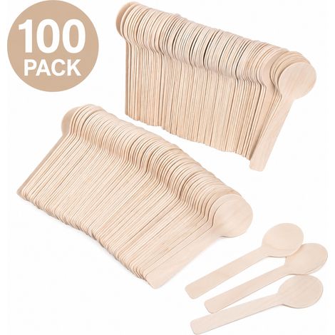 100 Pcs Cuilleres en Bois Compostables, 10 cm Tete Ronde Bouleau Jetables pour Creme Glacee, Desserts, Degustation, Fetes et Pique-niques, Ecologique (1/5)