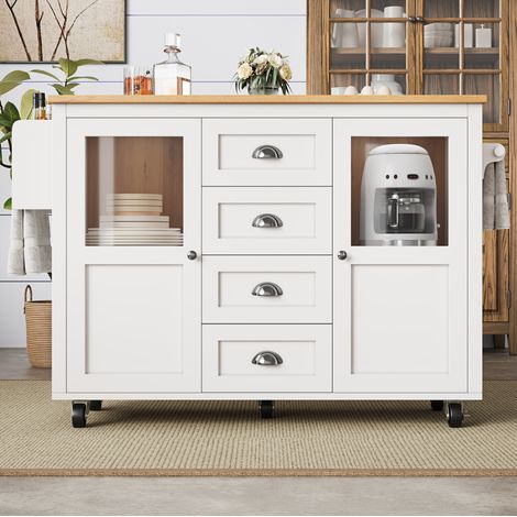 Mobile da cucina con piano ribaltabile, 4 cassetti, 2 ante, ruote, bianco DESVIAE (1/5)