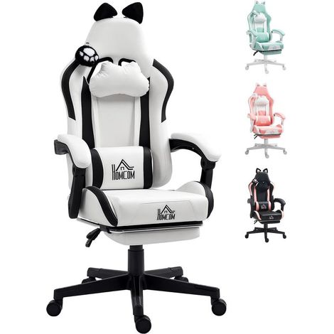 Fauteuil gaming blanc inclinable avec repose-pieds rétractable, soutien lombaire et appui-tête, confort design