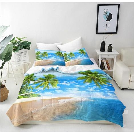 Housse de Couette 140x200 cm avec 2 Taies d'oreiller 65x65 cm Microfibre Parure de Lit Imprimé Tropical Océan Plage Palmier - 762 (1/4)