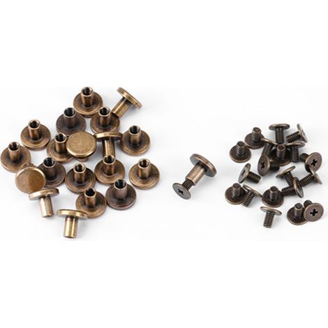 20 viti, dadi, chiodi e rivetti a testa piatta in rame e ottone con cappucci in cuoio (8 mm) (1/5)