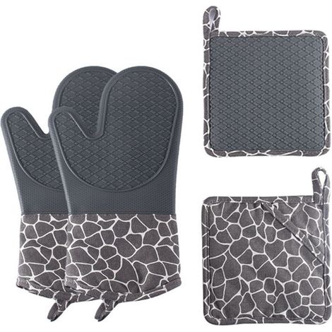 Gants De Cuisine - Maniques Four - Résistant Chaleur 230 °C - Silicone 100 % + Doublure Coton Matelassé - Gris - Lot De 2 (1/5)