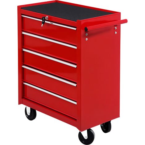 Carrello Porta Utensili con 5 Cassetti, Serratura, 2 Chiavi e Manubrio Parete Smontabile 2 Ruote con Freno in Lamiera d'Acciaio EVA Rosso 67,5x33x77cm