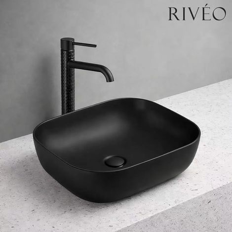 Riveo-Vasque à poser rectangulaire noire 505 x 405 x 145 mm avec bonde noire (1/2)