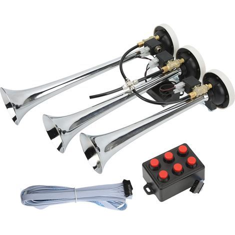 3 Klaxons à Air, Kit de 3 Klaxons de Trompette Chromé Universel pour Bateau, Camion, Voiture, Tracteur, Yachts, Chariots Miniers, Commande à 6 Touches Corne 145DB DC 12V/24V (1/5)