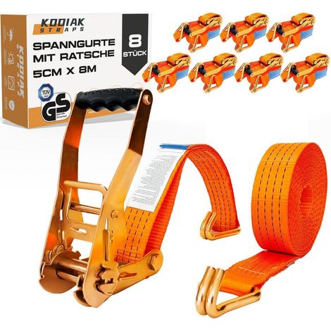 8er Set Spanngurte 8m x 50mm mit Ratsche und Haken, 4000kg, TÜV/GS geprüft (1/5)