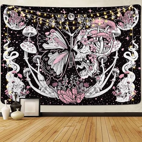 BEBUSINGOTO Tapisserie murale en forme de crâne, hippie, champignon, papillon de nuit, lune, étoiles, serpent, à suspendre pour chambre (130 x 150 cm) (1/5)